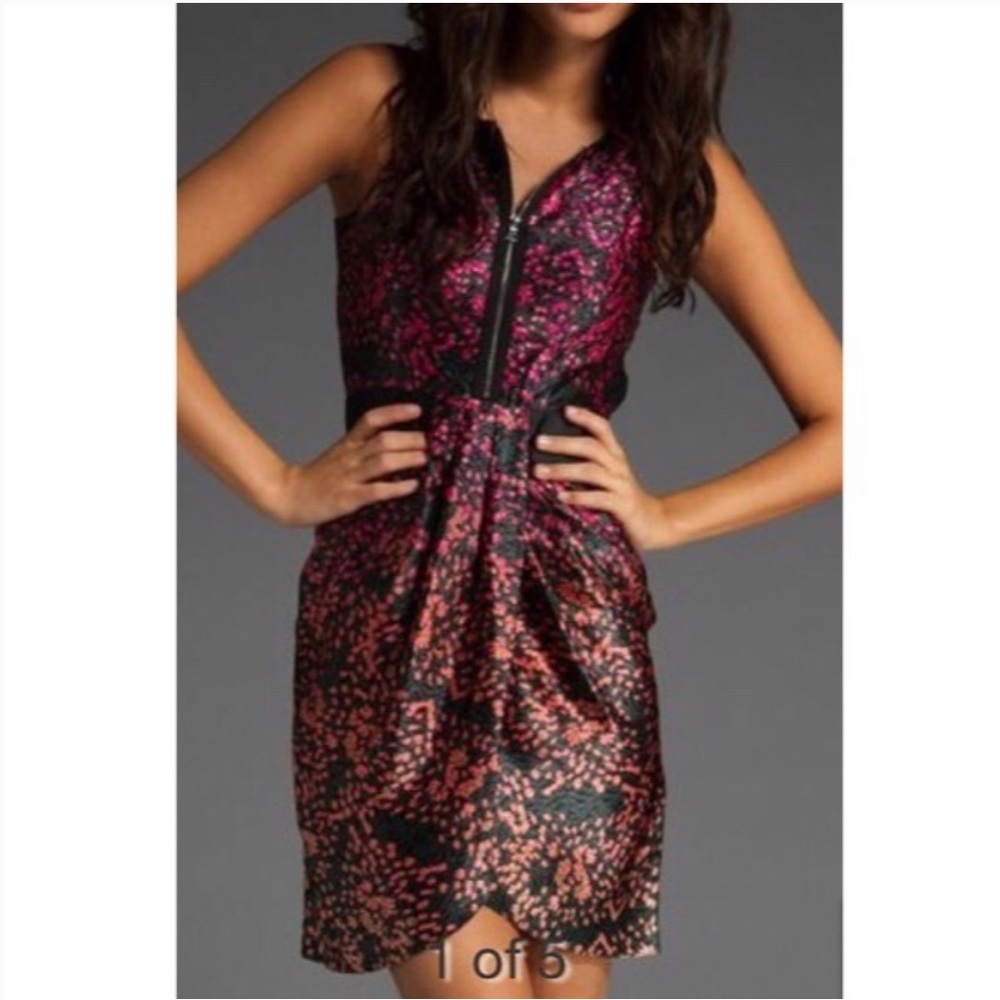 Cynthia Steffe Cerise Pink Black Floral Silk Front Zip Sleeveless Dress …